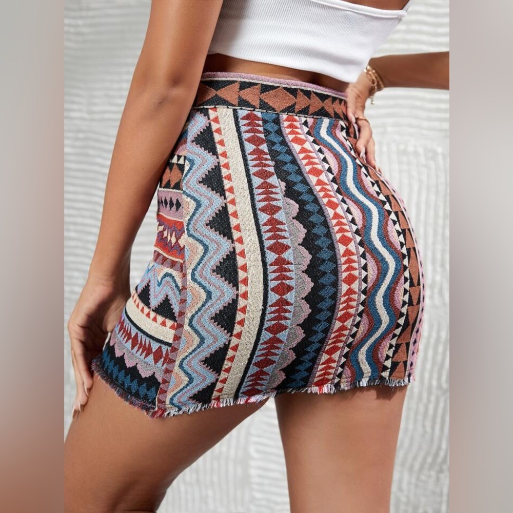 Geo Pattern Raw Trim Tweed Boho Tapestry Body-con mini Skirt Large 🤍